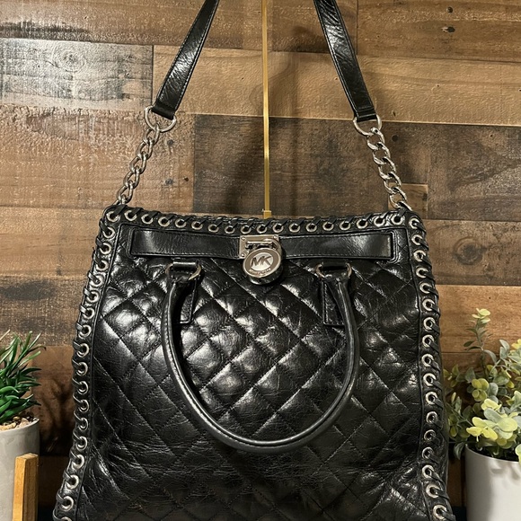 Michael Kors Black Leather Tote Silver Lock Laced Trim MK - Picture 2 of 12